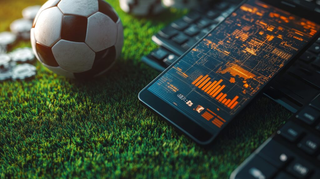 Online Sports Gambling Concept, Soccer Ball, Keyboard, and Phone on Grass with Graph Chart.